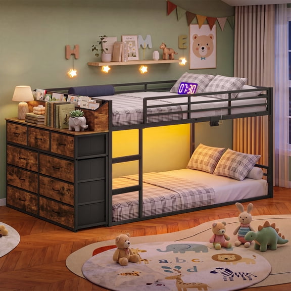TEENFON Twin Over Twin Bunk Bed with Stairs, RGB LED Light Strips & floating Charging Station, Floor Bunk Bed with 9 Storage Drawers and Full-Length Guardrails, Black