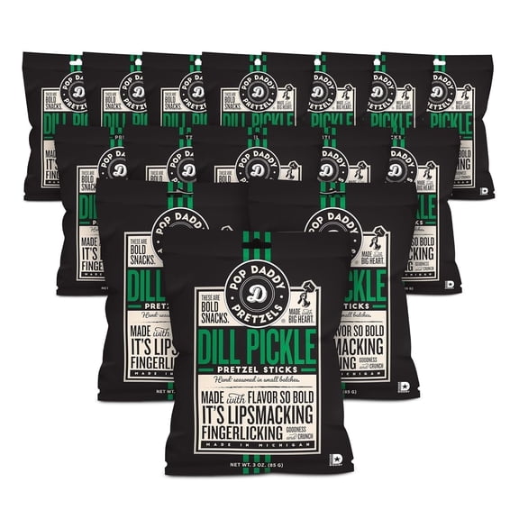 Pop Daddy Flavored Pretzels Sticks, Dill Pickle Flavor, 3oz Gourmet Pretzels Snacks, 15 Pack