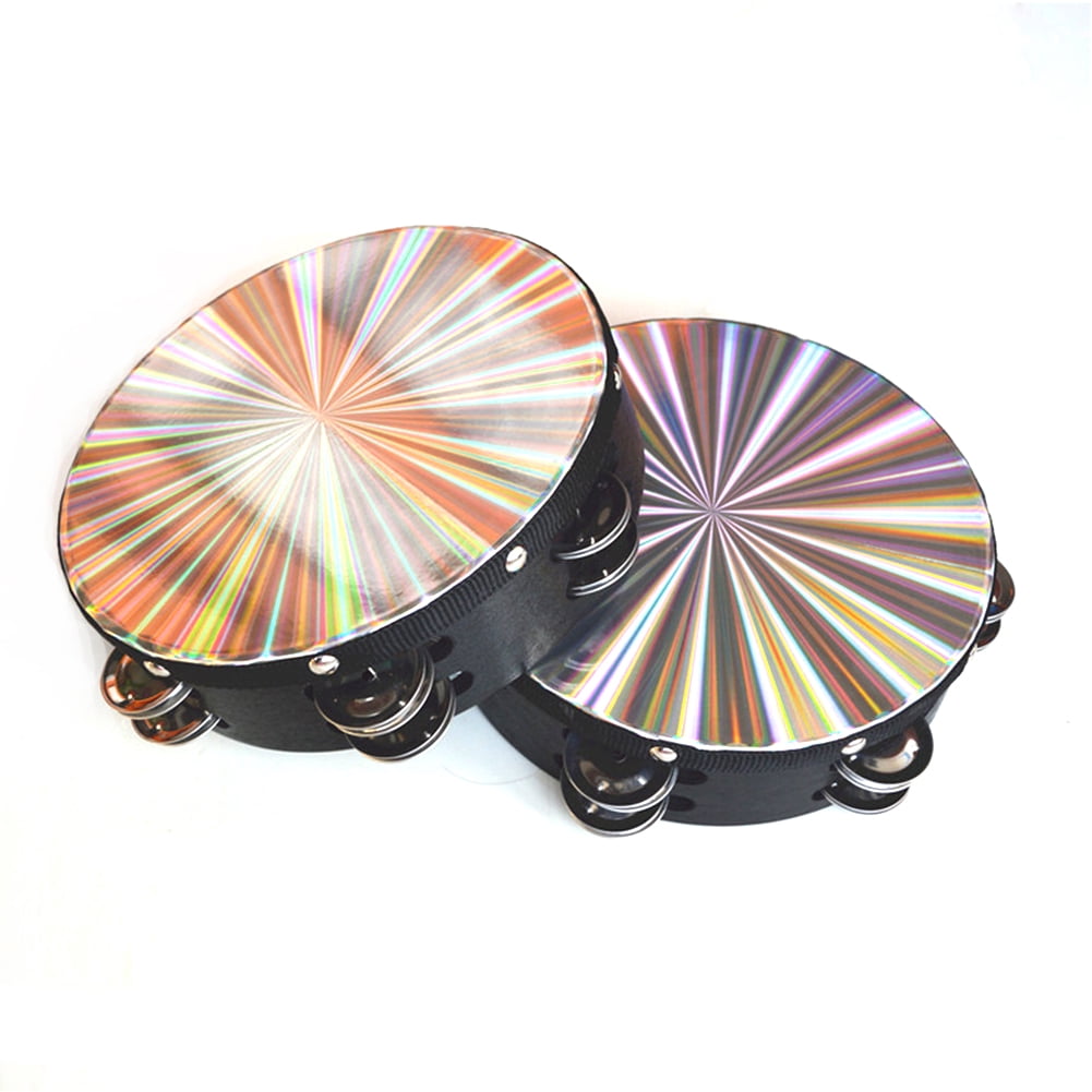 8 Inch Wooden Tambourine Handbell Hand Drum Reflective Drum Head Percussion Instrument Toy