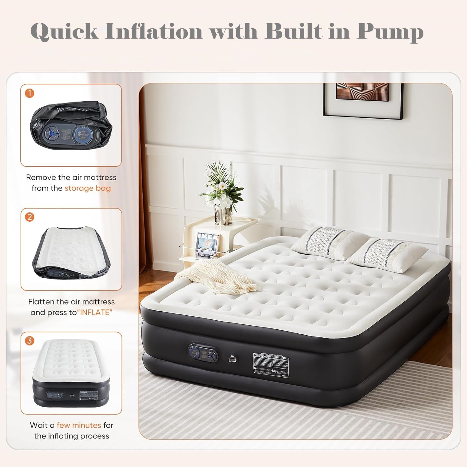 TINKLE WELL 22" Queen Size Air Mattress with Built-in Pump Waterproof Inflatable Bed Portable Blow-Up Airbed for Home Camping and Guest Use