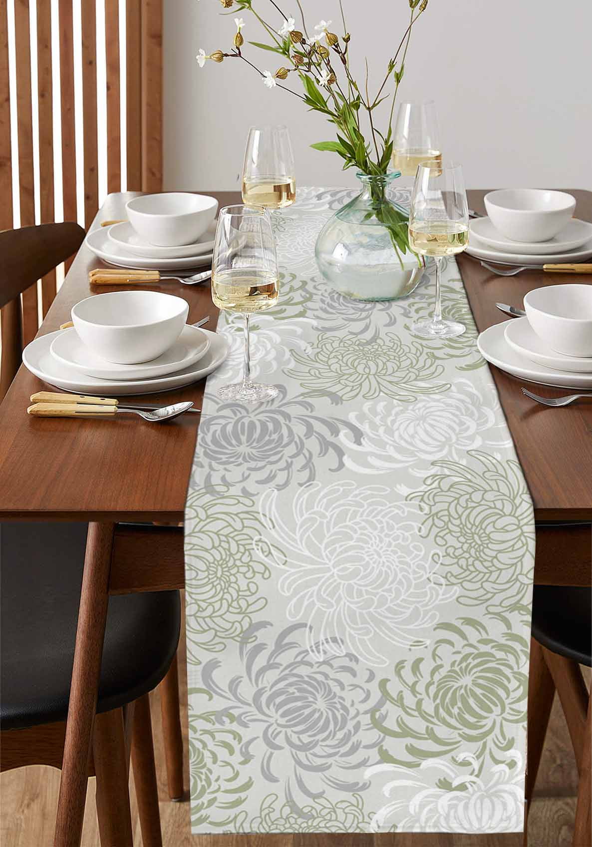 Table Runners 90 Inches Long Dress Scarves, Sage Green White Farmhouse Coffee/Dining/Kitchen Table Runner for Living Room, Abstract Grey Chrysanthemum Flower 13x90 Inch