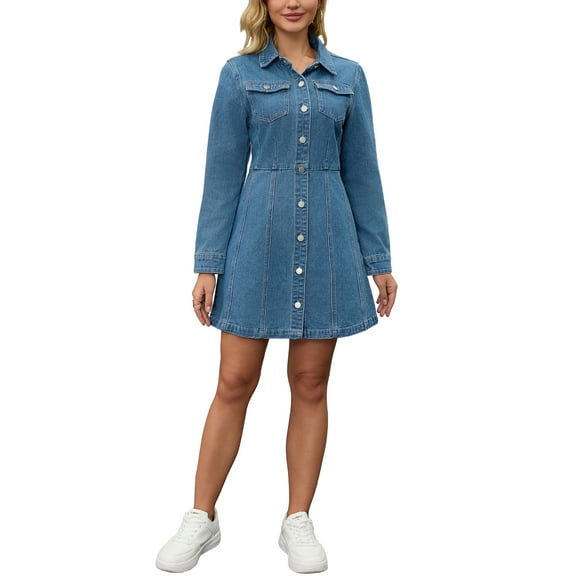 INSPIRE CHIC Women's Jean Dresses Button Up Collar Long Sleeve Pockets A Line Knee Length Denim Dress S Blue