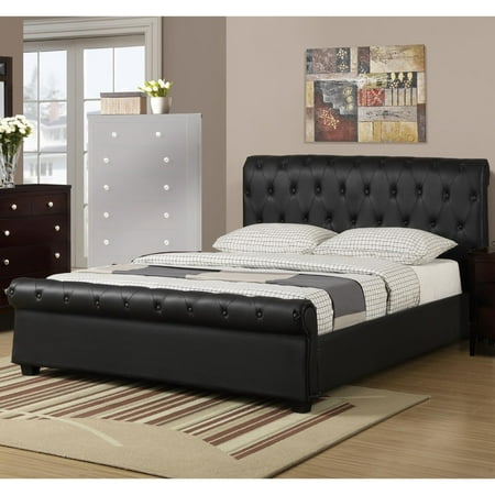 Fb Flat Black Accessories - Chic Queen Button Tufted Bed With Rolled HB And FB In Faux Leather, Black