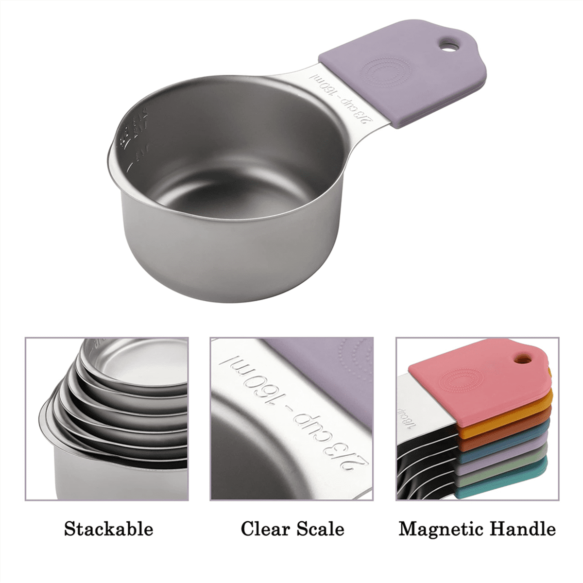 Magnetic Measuring Cups Set Stainless Steel Heavy Duty Metal Measuring Cups for Dry and Liquid Ingredients (Multicolor)