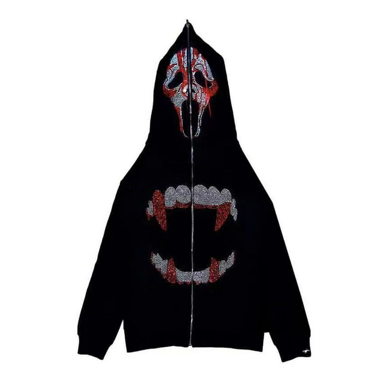 Punk Men Y2K Fashion Hoodie Evil Rhinestones Graphics Zip Up