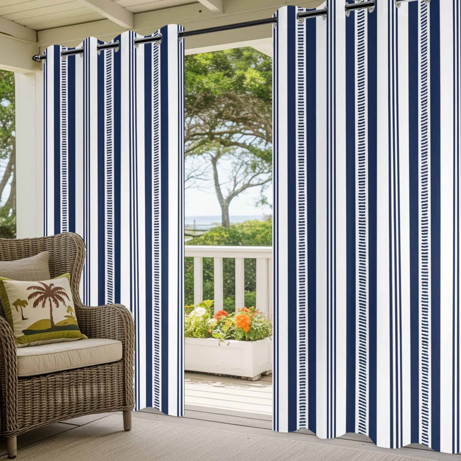 Navy Blue Striped Outdoor Curtains for Patio, Modern Farmhouse Stripes Rustic Geometric Sunshade Privacy Drapes Grommet Waterproof Outside Curtains for Porch/Cabana/Balcony 54"x 108", 1 Panel