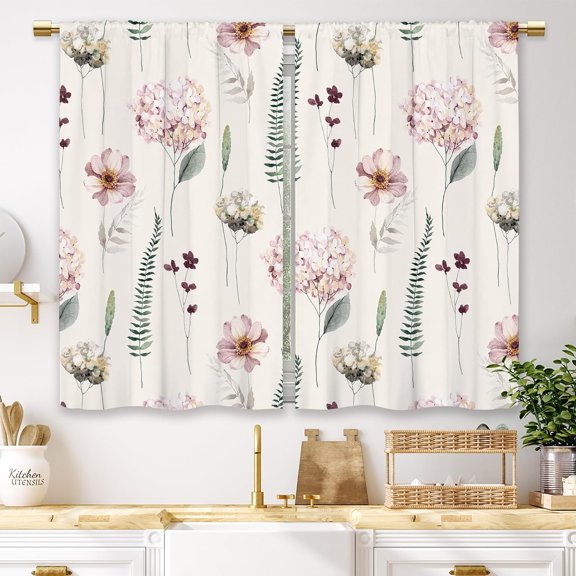 Pink Flower Kitchen Curtains Green Leaves Hydrangea Flower Spring Floral Small Short Cafe Window Curtains Vintage Hydrangea Bathroom Drapes Treatment Tier Curtains 2 Panels (27.5x39 Inch)
