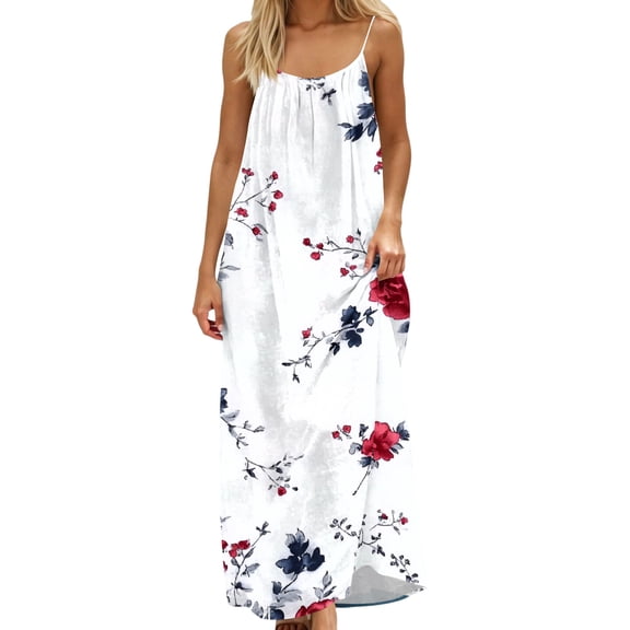 WRKEKC Casual Dresses for Women Soft Floral Crew Neck Spaghetti Strap Low Back Loose Loungewear Ankle Elegant