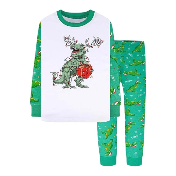 Bainana Kids Christmas Pajamas Boys Dinosaur Print Long Sleeve T-Shirt Pants Homewear Children Relaxed Fit Matching Set, Size 3-4 Years