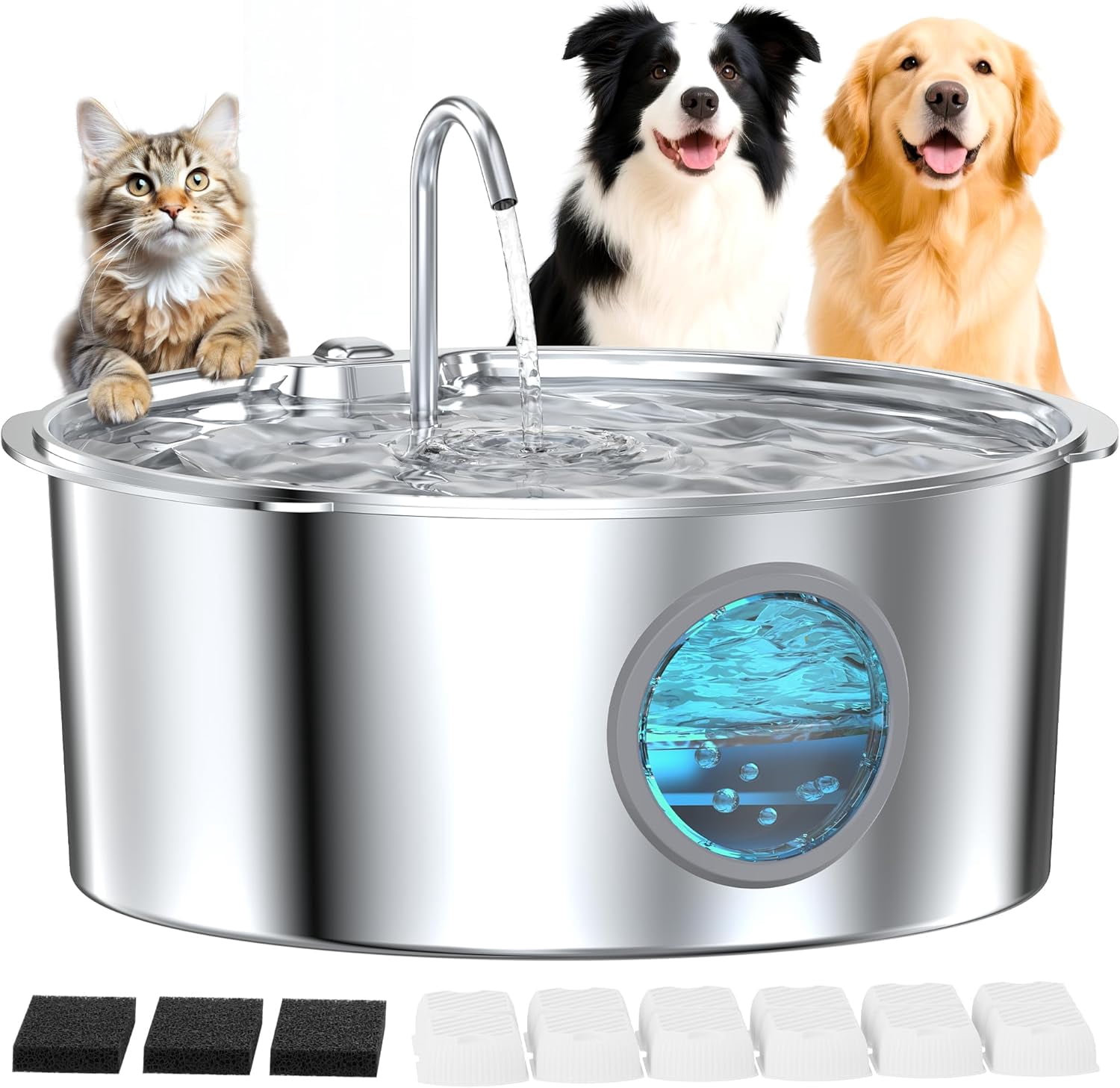 Large Dog Fountain Water Bowl: Sliver Big Cat Water Fountain Stainless Steel - 3.2Gal/406oz/12L Noiseless Giant Dog Fountains - Pet Suppiles for Multi-Pet Home - Contain 8 Filters + 8 Sponges