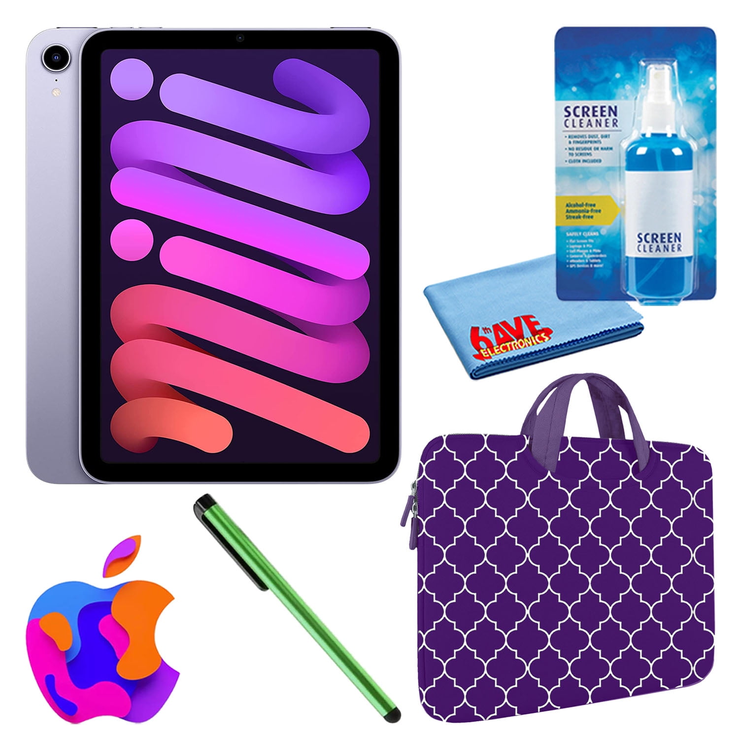 Apple iPad Mini 6 (2021, 64GB, Wi-Fi, Purple) (MK7R3LL/A) Bundle with Purple Moroccan Zipper Sleeve + Screen Cleaning Kit