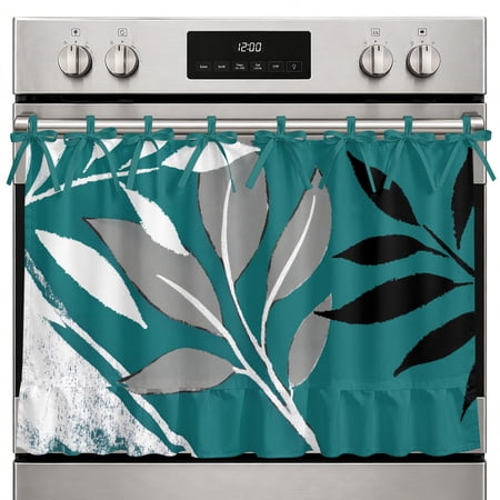 Oven Skirt Curtain Fern Leaves Oven Curtain with 8 Ribbon Ties & Ruffle Trim Stove Cover Teal Tropical Botanical Branches Oven Skirts for Stove Dishwasher Cabinet Over Sinks Kitchen Decor 27x20 Inch