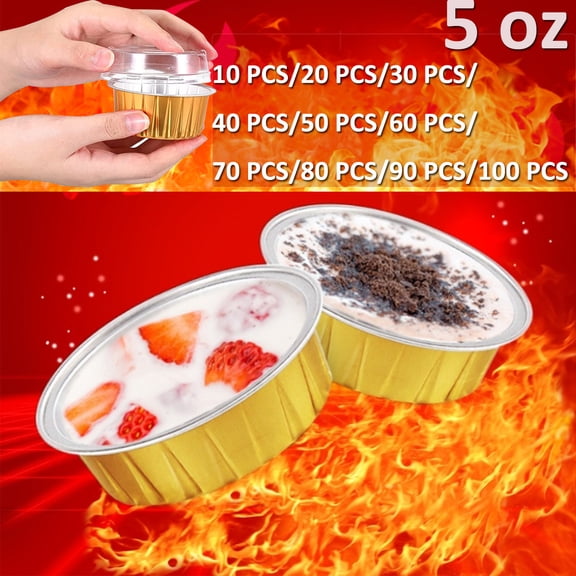 Disposable Ramekins with Lids, 10 Pack/ 5 oz Gold Aluminum Foil Dessert Baking Cups, Reusable Cupcake Liners Pudding Cups for Wedding, Christmas, Kitchen, Party, Various Holiday Parties