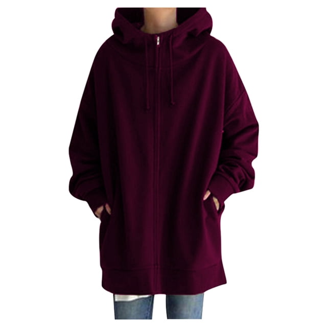 Bmisegm Chandail à Capuchon à Fermeture à Glissière Longline Doublé Uni Mode Urbaine pour Femmes, Veste à Enfiler, Chandails Décontractés pour Femmes, Violet P