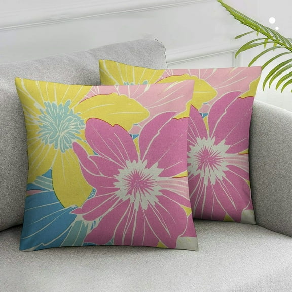 Acheng Spring Pillow Covers Set of 2, Yellow Pink Blue Colored Floral Colorful Easter Themed Flower Decorative Throw Pillow Covers Outdoor Farmhouse Cushion Case for Couch Sofa Bed Decor White