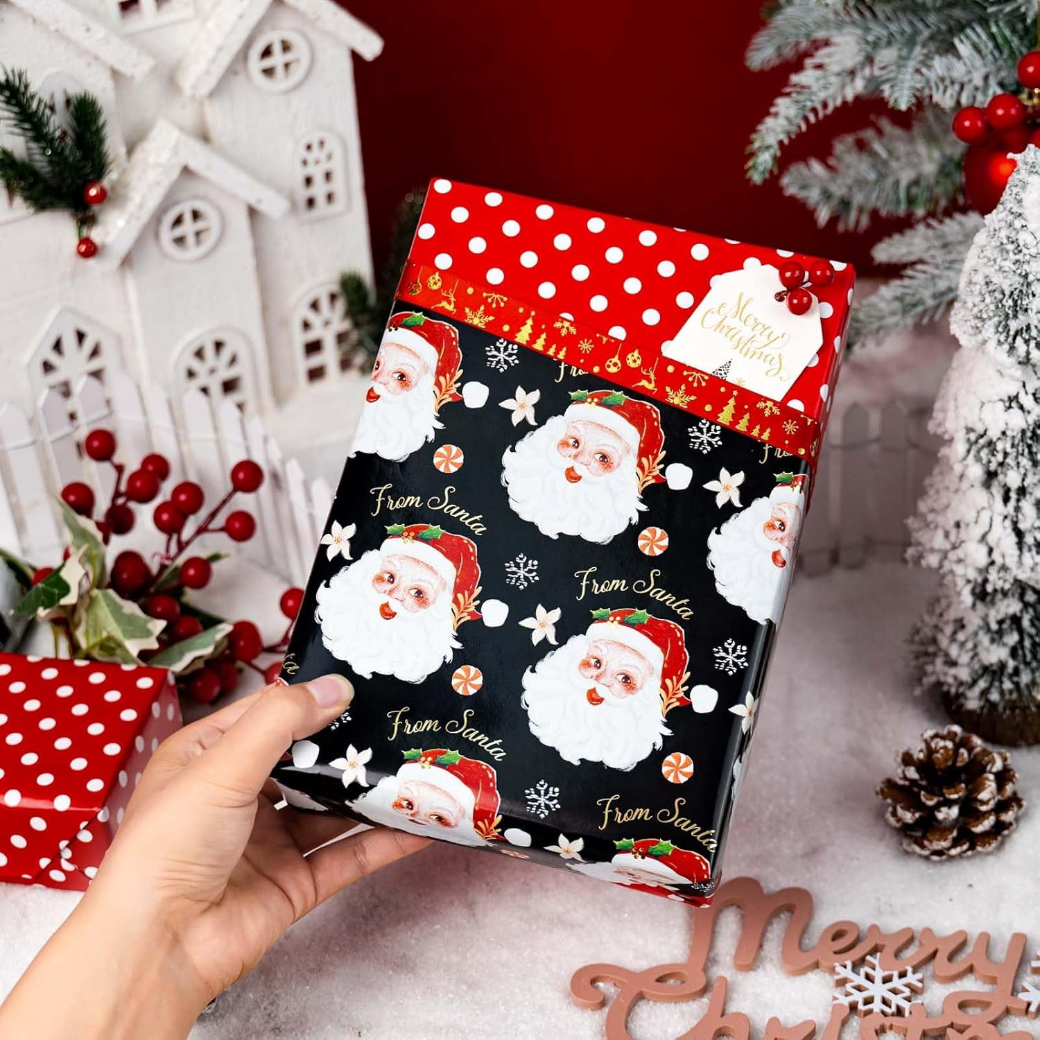 Christmas Wrapping Paper, Reversible Black Santa, Red Dot Design Gift Wrapping Paper Suitable for Christmas, Mini Roll (17 Inch X 32.8 Feet)