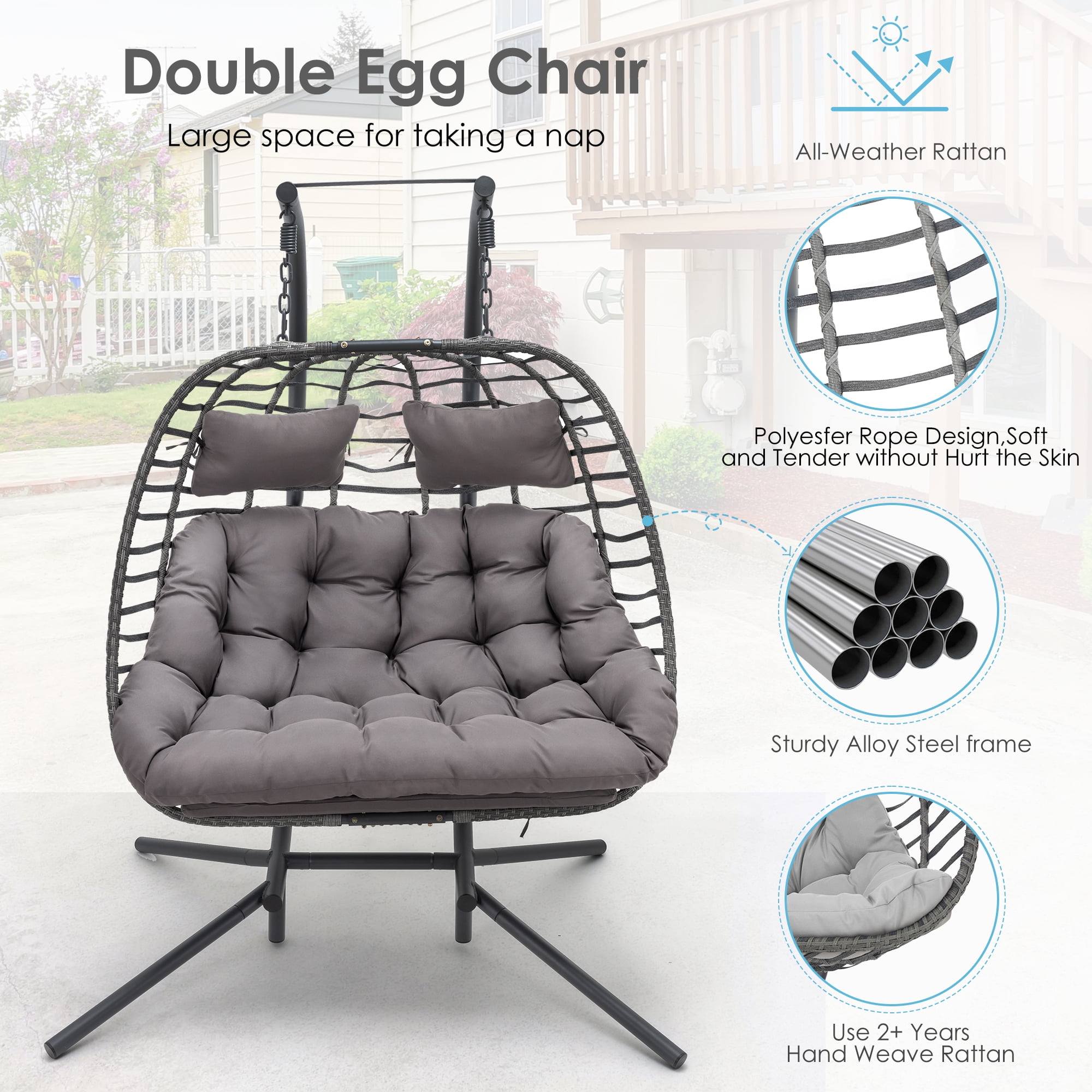 Brafab Double Wicker Swing Egg Chair Hammock Foldable Hanging Loveseat with Stand and Removable Fluffy Cushions, 450LBS Capacity for Bedroom, Balcony, Yard, Dark Grey