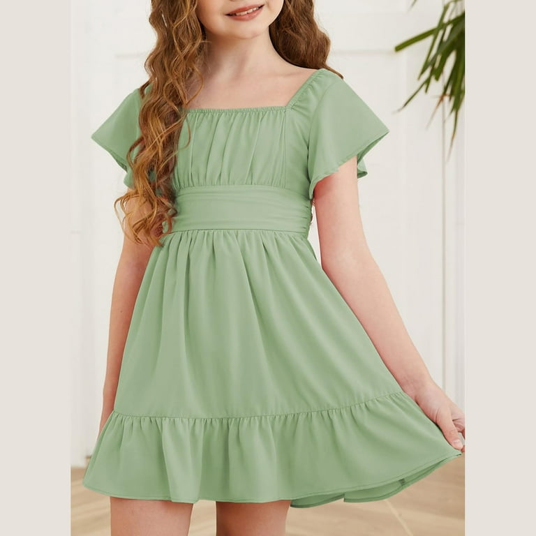 Drmagiyhm Mlqidk Girls Graduation Dress Kids Bow Tie Back Ruffle Short Sleeve Dress Cute Party A-Line Swing Midi Dresses Square Neck Sundress Green 10