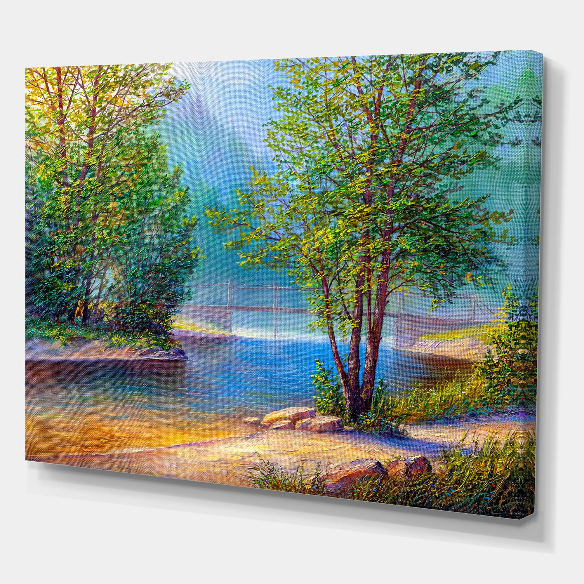 Designart ' Green Trees By The Bridge Over River ' Traditional Canvas Wall Art Print