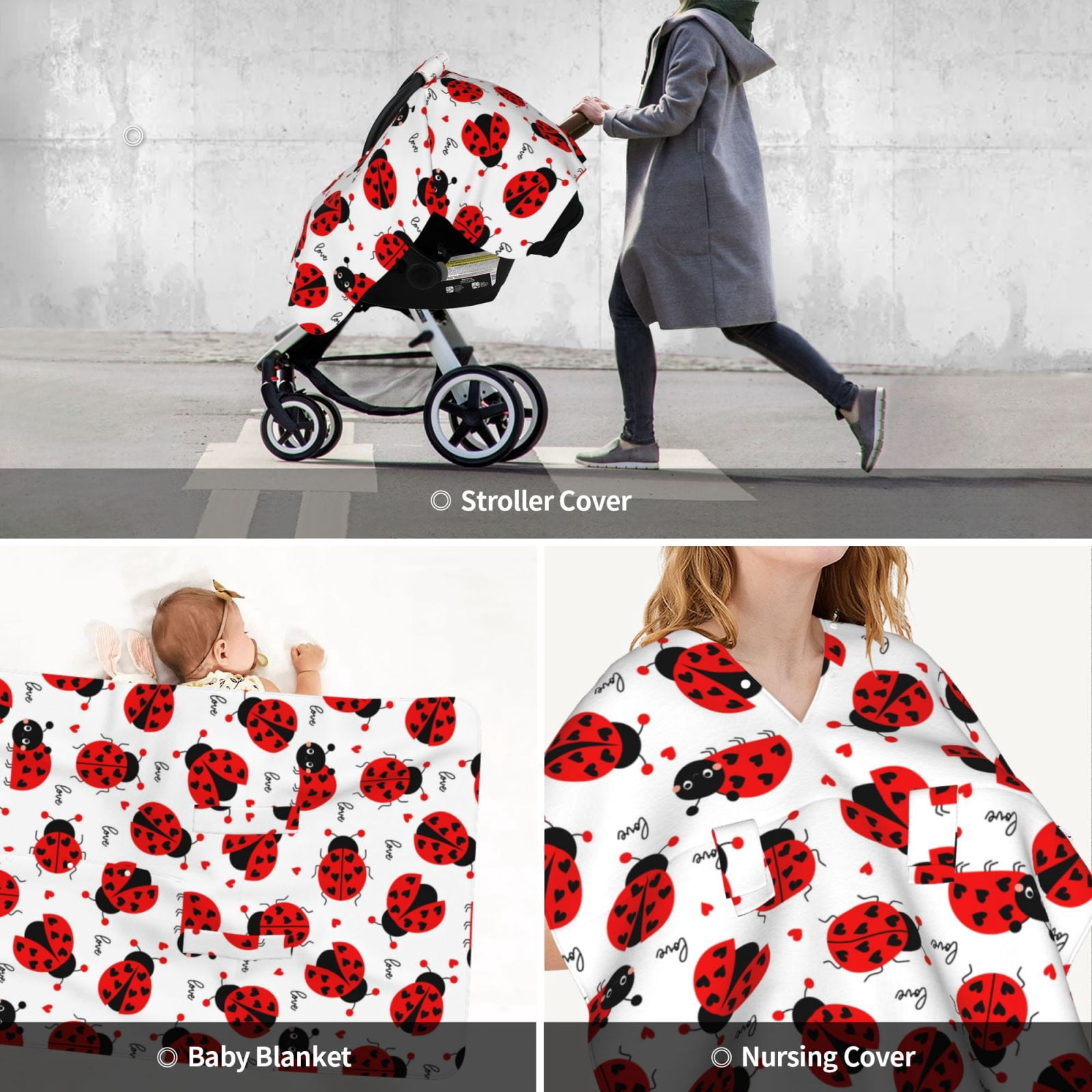 Car Seat Cover Baby - Ladybug And Heart Breathable Infant Car Seat Cover for Baby Carseat, Lightweight Comfort Baby Essentials Must Haves Newborn Stuff for Girl Boy