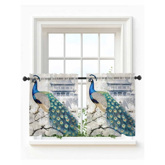 Elegant Peacock Tier Curtains 36 Inch Length,Sheer Curtains for Bedroom Living Room Window Vintage Attic Magnificent Feathers Rod Pocket Drapes Kitchen Curtains Small Half Window 27.5"x36" 2 Panels