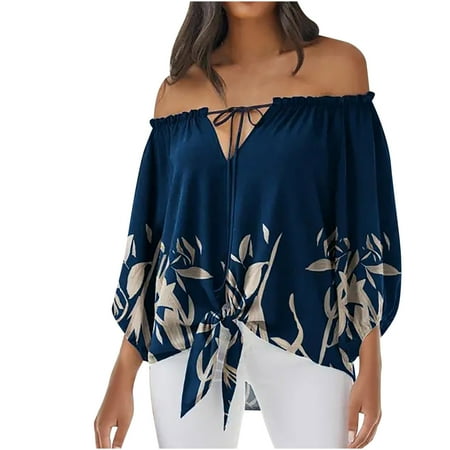 

HTNBO Casual Shirts for Women Summer Half Sleeve One Shoulder Bandage Print Tops Corset Tops Blue M