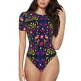 thumbnail image 2 of Goofa Colorful Mexican Printed Women Rash Guard Short Sleeve,Tummy control Swimsuit Surfing Swimsuit Bathing Suit One Piece Swimsuit UPF 50-Medium, 2 of 9