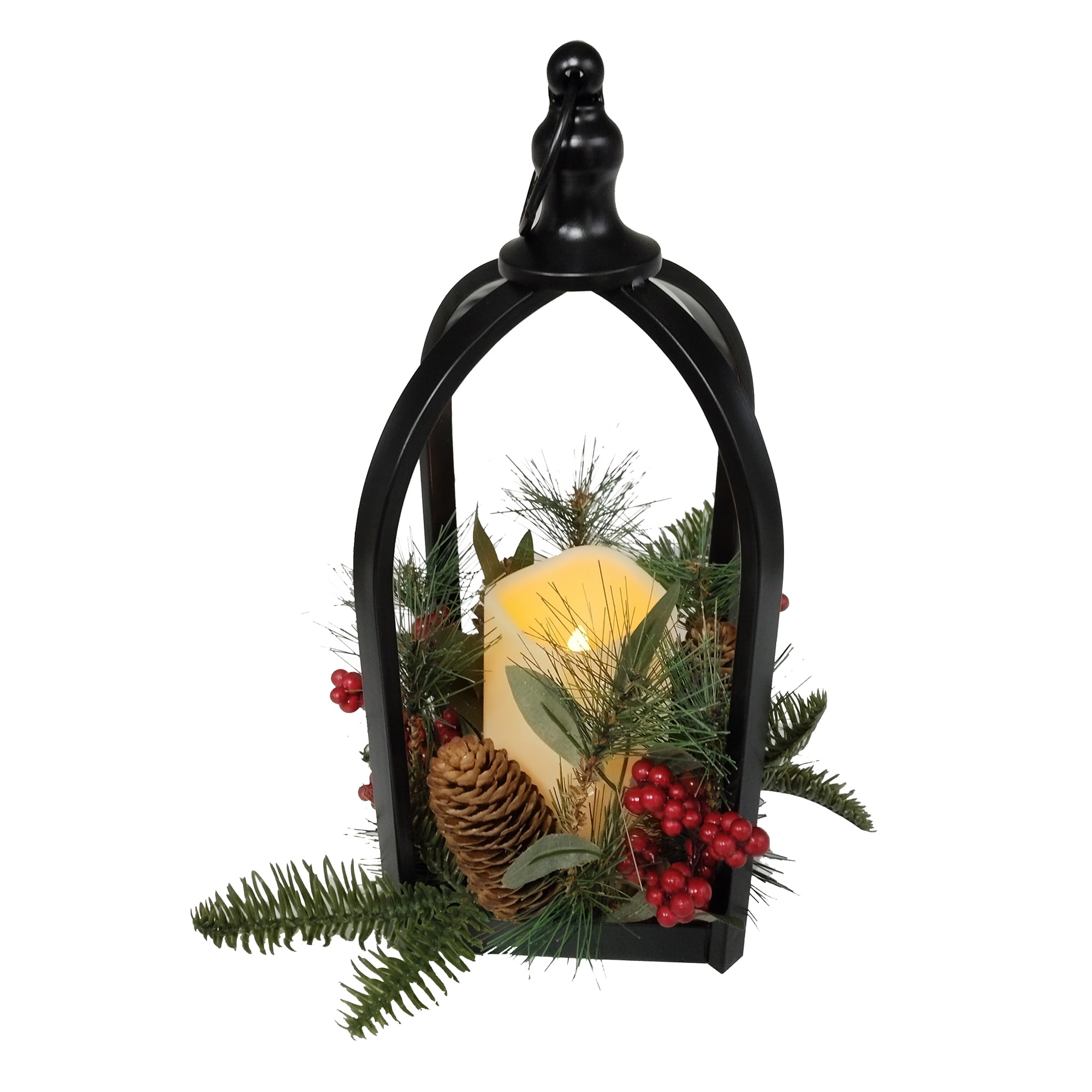 Lanterne noire en métal Holiday Time avec verdure et baies rouges