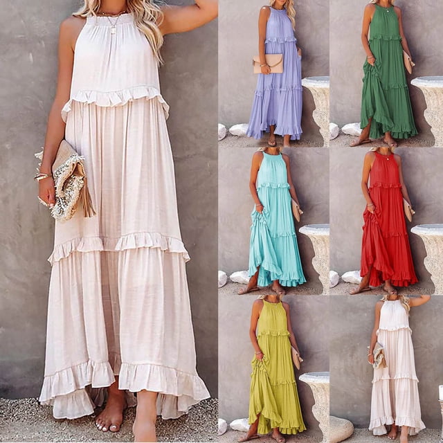 Gspmoly Robes pour Femmes Grande Taille, Robe Longue d'Été Décontractée pour Femmes à Col Rond, Unie, à Bandage, Sans Manches, Robes de Mariage pour Femmes Offres