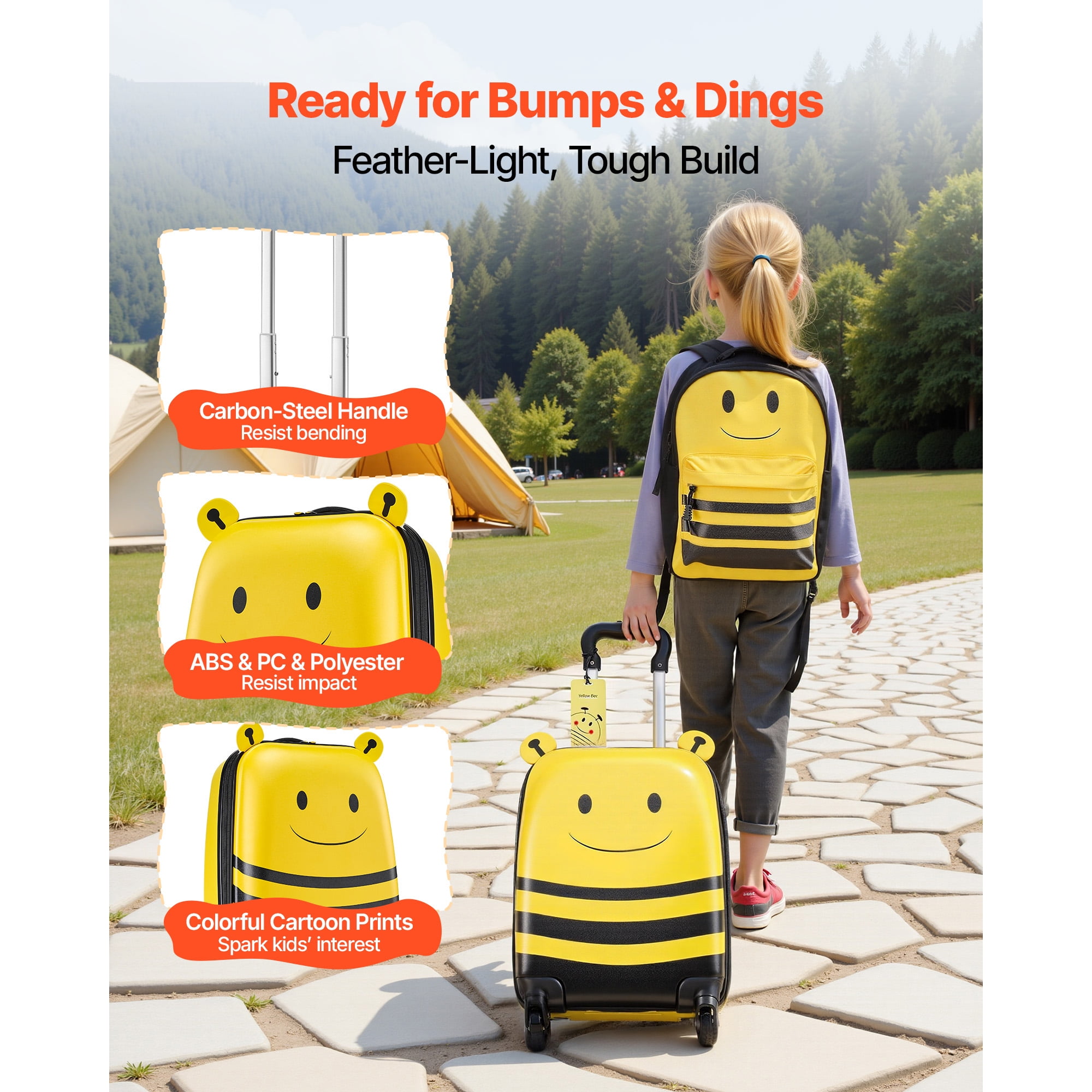 KFFKFF Kids Luggage Set, 5-Piece, 18-Inch Hard-Shell Rolling Suitcase with Backpack & U-Shaped Pillow, Bee-Themed Carry-On for Children, Travel Gift for Boys and Girls, Airline Friendly