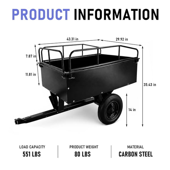 Black 551 lbs Steel Tow Behind Utility Dump Cart Trailer, 14 in Inflatable Tires with Detachable Side Racks for ATV, Lawn Tractor, Riding Mower, High Load Transport