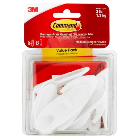 Command Medium Designer Hooks Value Pack, White, 8 Hooks, 12 Strips, 17081VP-WM