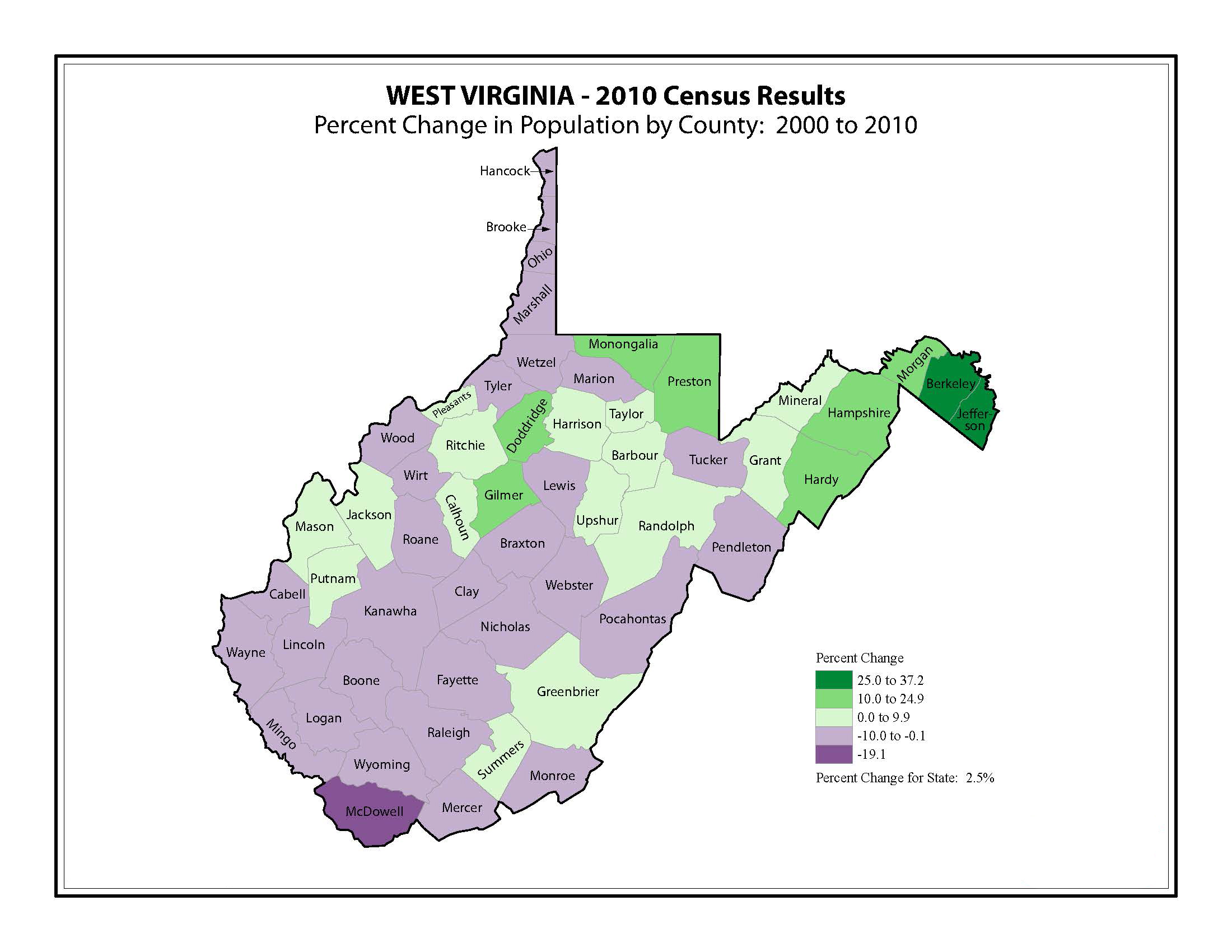 West Virginia County Change Map (2000 to 2010 Census) 12 Inch By 18