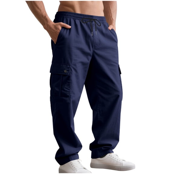 Mens Drawstring Cargo Sweatpants Straight Fit Outdoors Sports Wide Leg Pants Elastic Waist Multi-pockets Active Pant (XL, Navy)