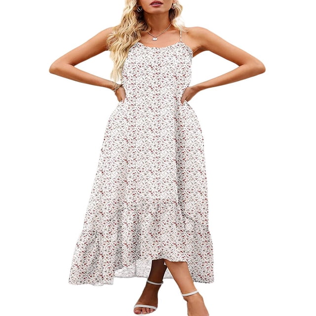 CNKOO Robe Maxi à Fleurs à Col en V pour Femmes, Boho Imprimée, à Bretelles Spaghetti, Ethnique, de Plage, Longue, Noire, TG