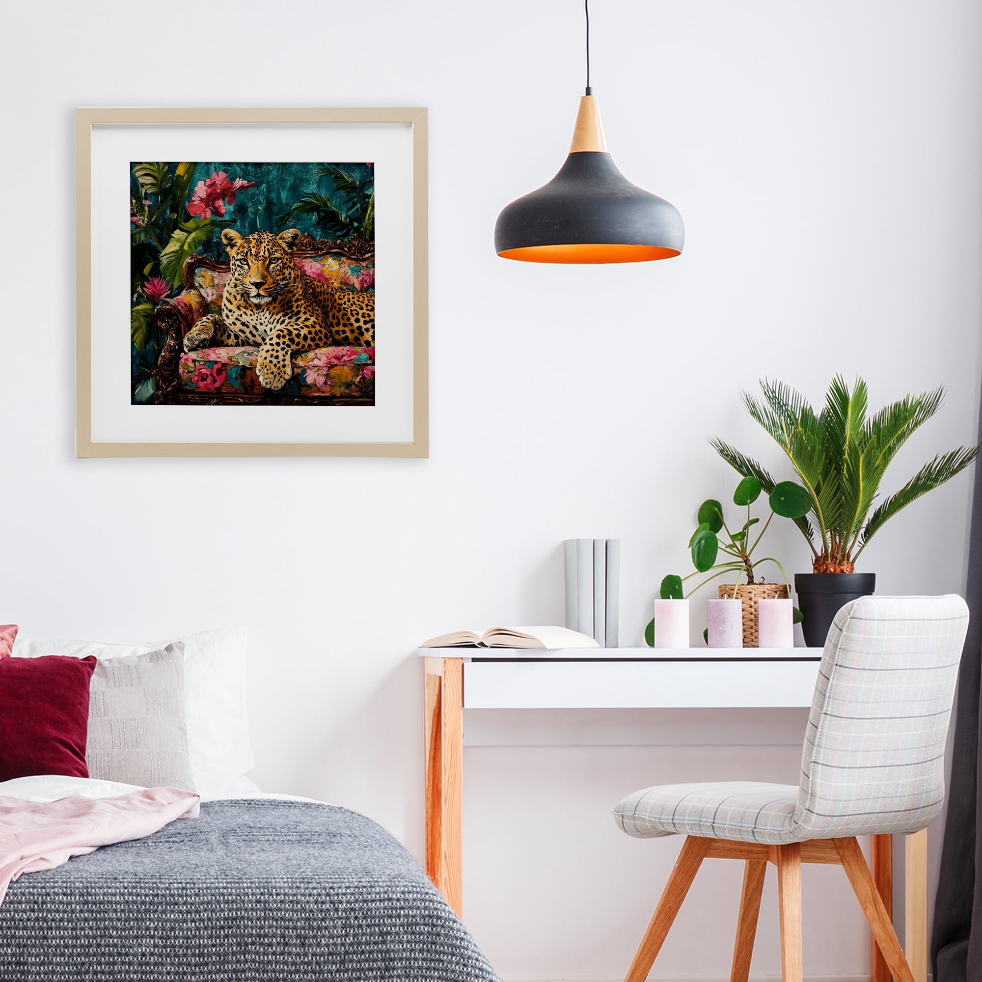 Stupell Industries Fashionable Leopard on Floral Sofa Birch Framed Print Under Glass, design by Petal Prints Design
