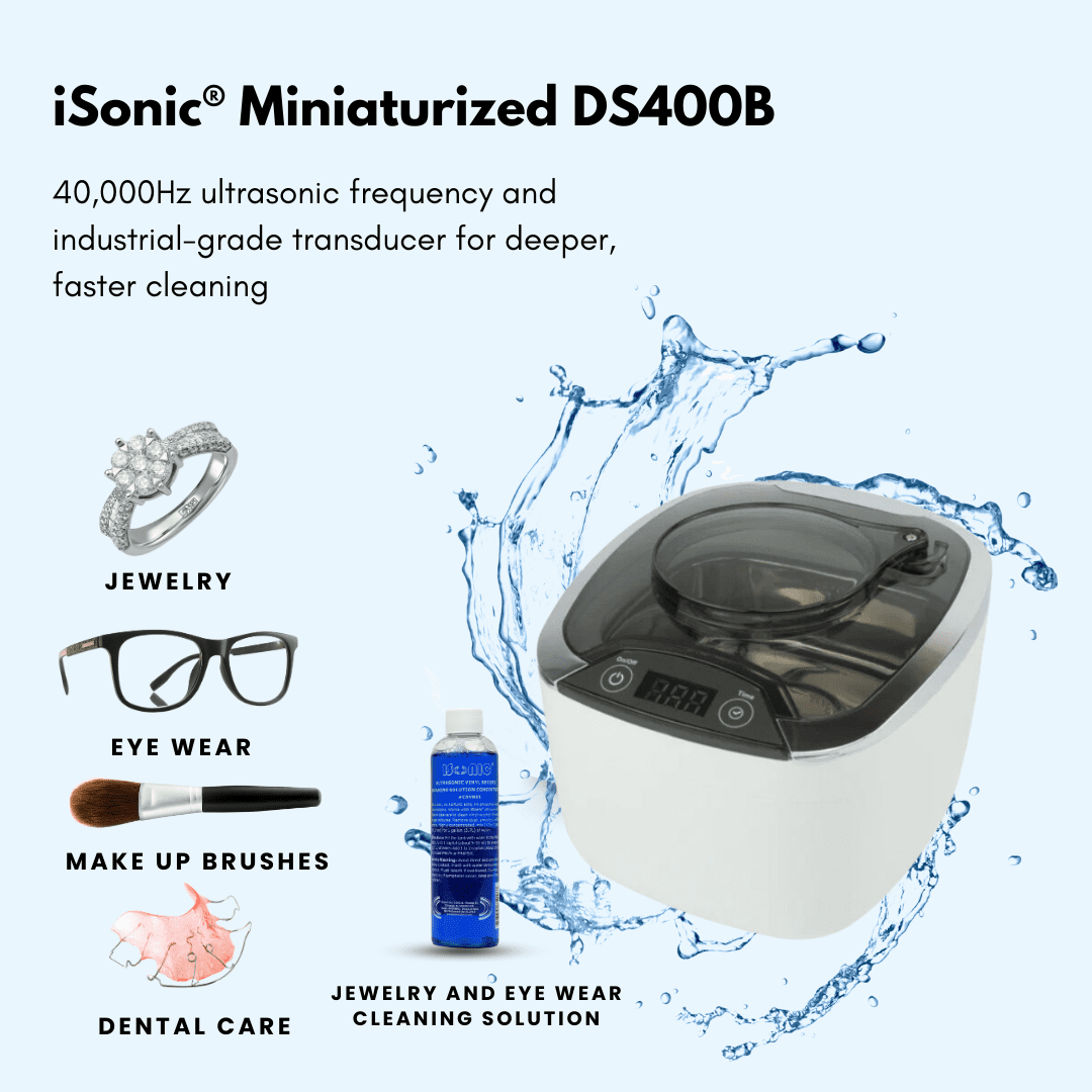 iSonic DS400B Miniaturized Commercial Ultrasonic Cleaner with Integrated 500 Ml Glass Beaker Holder Set for Jewelry, Cosmetic Tools, Eyeglasses, 110V 55W (DS400B (+BK06)