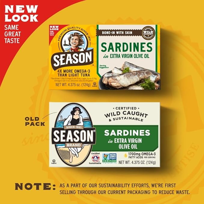 (12 pack) Season Brand Sardines, in Extra Virgin Olive Oil, 4.375 Oz