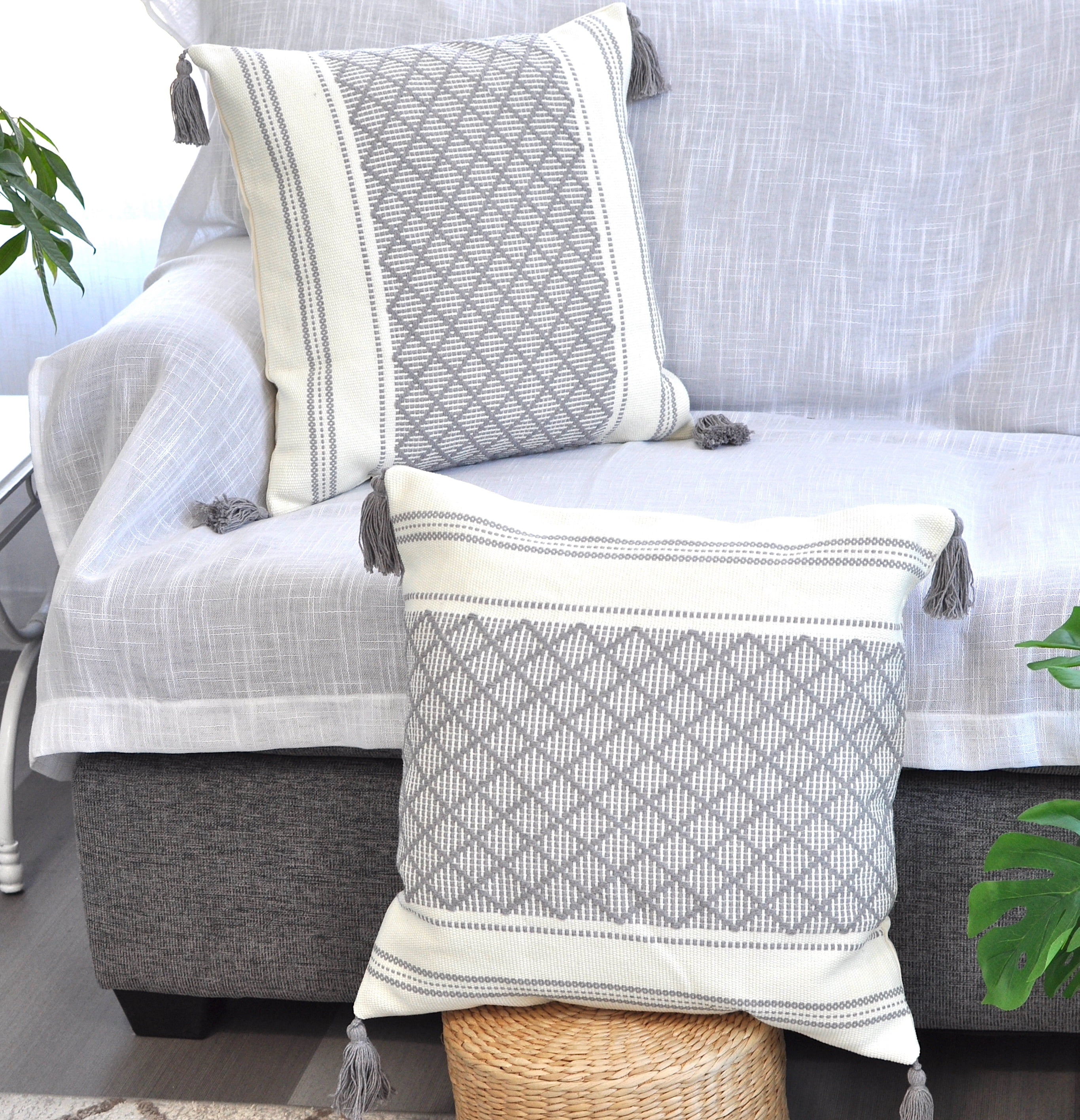 Decorative Boho Tassels Throw Pillow Covers Grey, 20x20 inch -Set of 2)/ Designer Plaid Woven Cushion Covers for Couch/ Farmhouse Gray Accent Square Pillow Cases