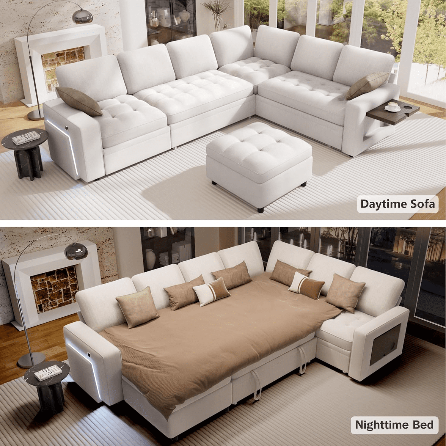 7-Seat Modular Sectional Sofa with Pull-Out Bed, Reclining Backrest, USB Ports, Table, LED Lights & Storage Seats – Tool-Free Assembly, Comfortable Living Room Furniture