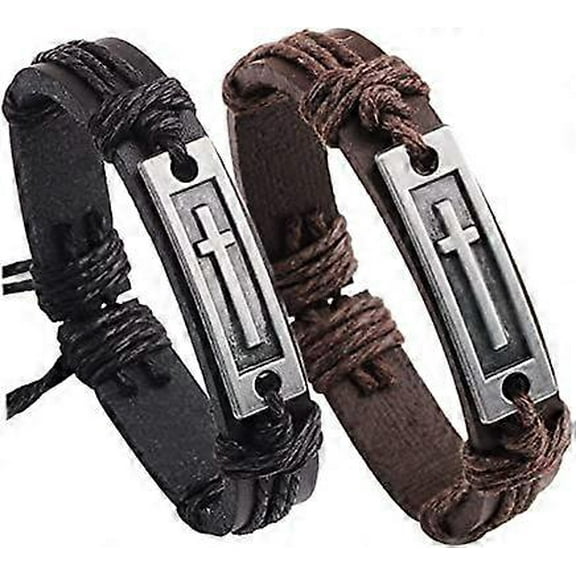 2 Pcs/Set Religion Cross Leather Bracelets - Confirmation Gifts For Men Teenagers Adjustable Wrap Bracelet 2-Pack