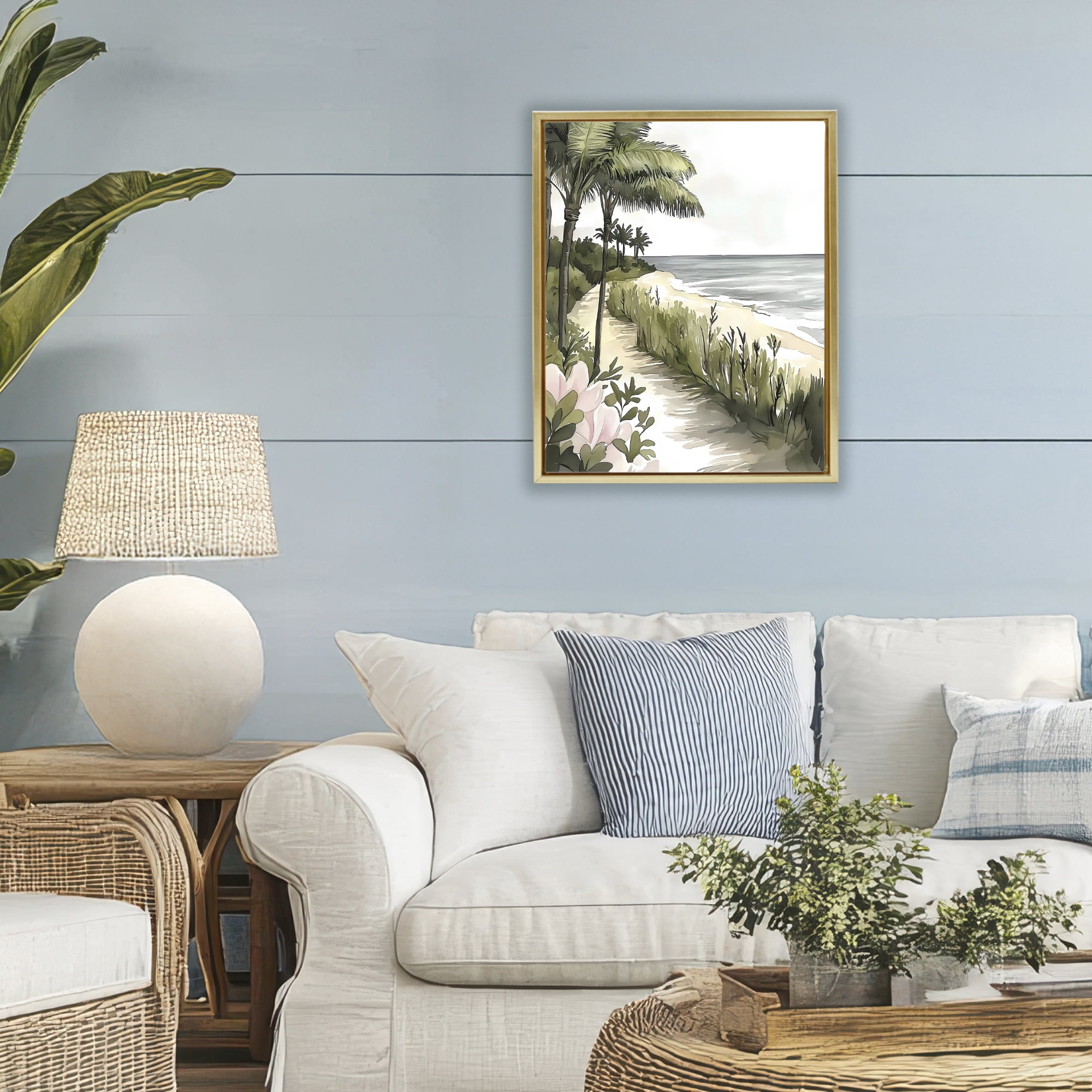 Stupell Industries Coastal Calm Palm Tree Pathway Gold Framed Floater Canvas Wall Art, design by Riley B