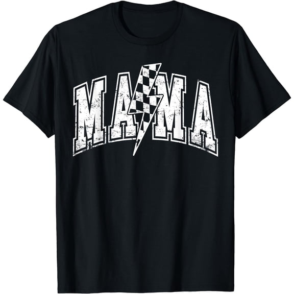 Distressed Mama Lightning Bolt Checkered Varsity Mom T-Shirt Women Mother's Day