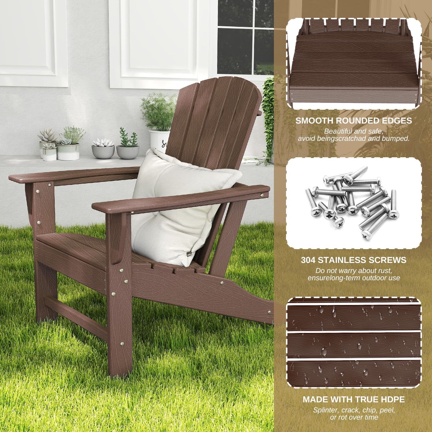 FURRYFECTION Adirondack Chairs Set of 2,HDPE All-Weather Adirondack Chair, Plastic Outdoor Patio Lawn Chairs for Patio Garden Backyard Deck,Brownwood