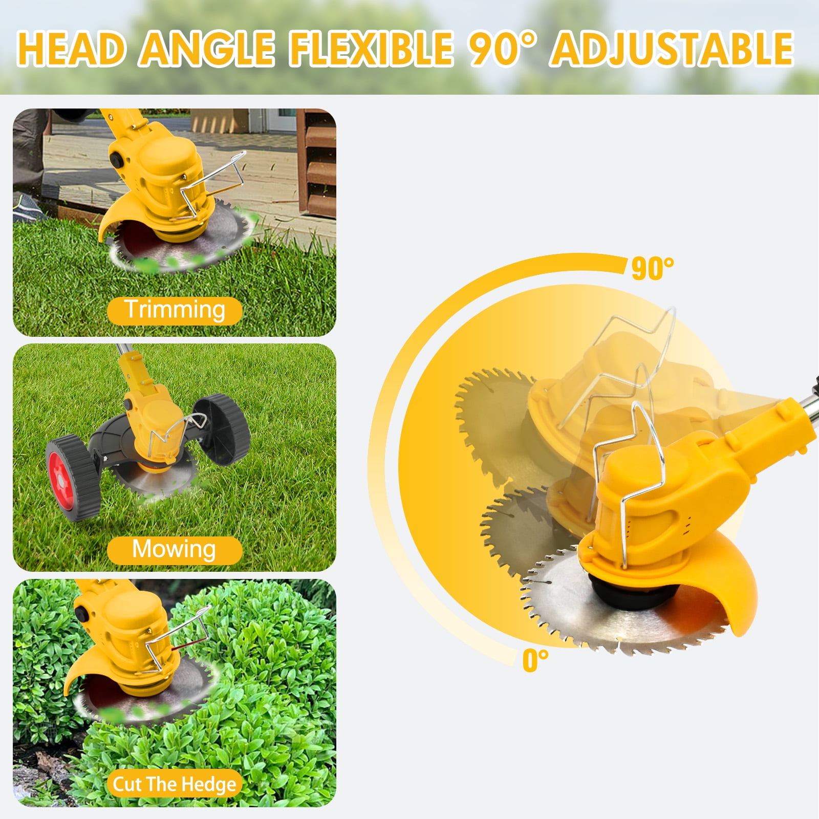 200W Cordless Electric Grass Trimmer, 24V Battery Powered Lawn Edger with 0-90° Angle Adjustment & Dual Safety Switch, Lightweight Wheeled Grass Cutter