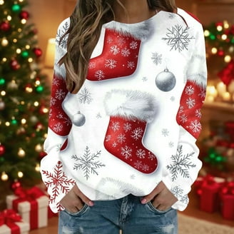 Merry Christmas Print Women's Merry Christmas Sweatershirt - Winter Warm Crewneck Long Sleeve Pullover With Holiday Print Holiday Pullover