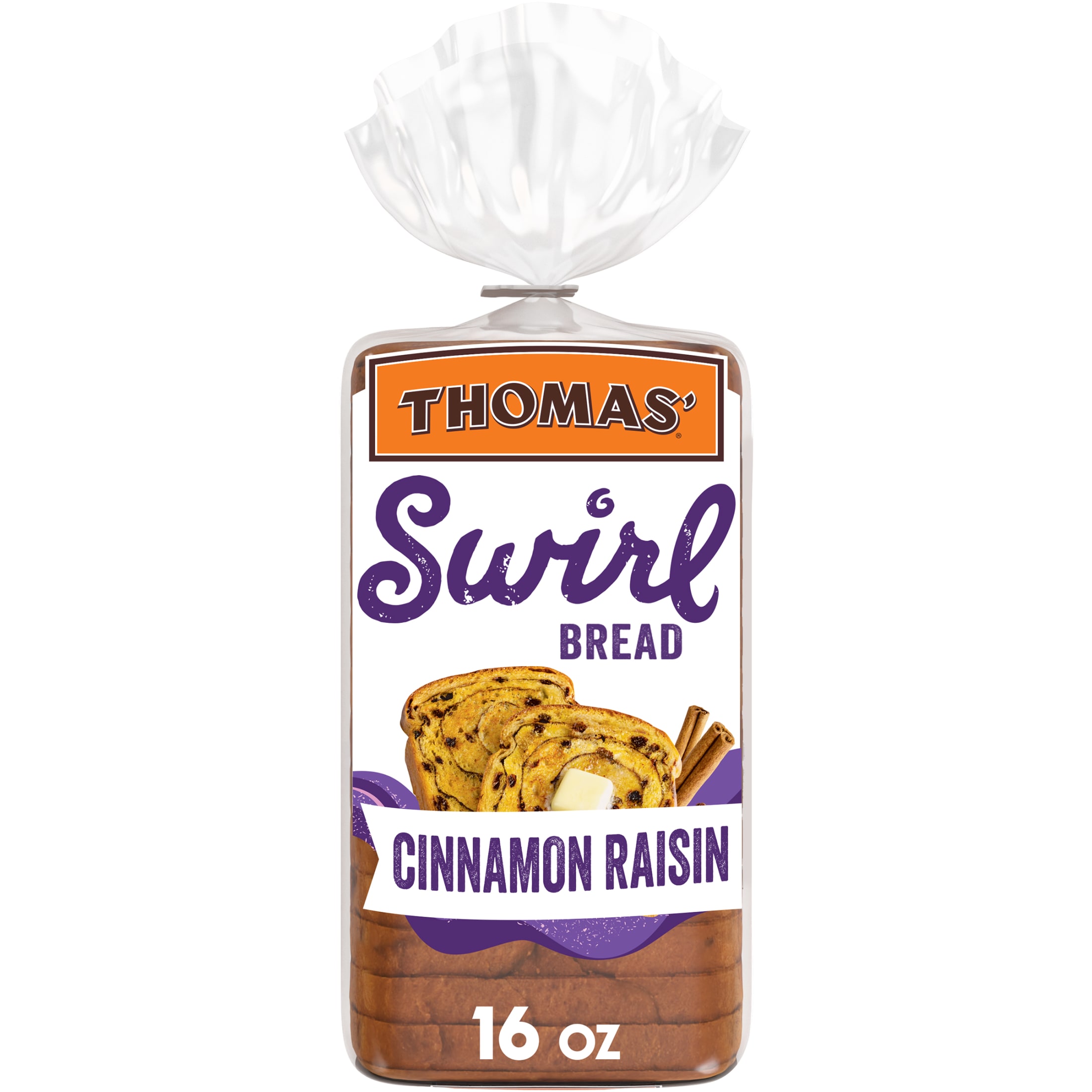 Thomas' Cinnamon Raisin Swirl Bread, 16 oz, Cinnamon Bread, Bag