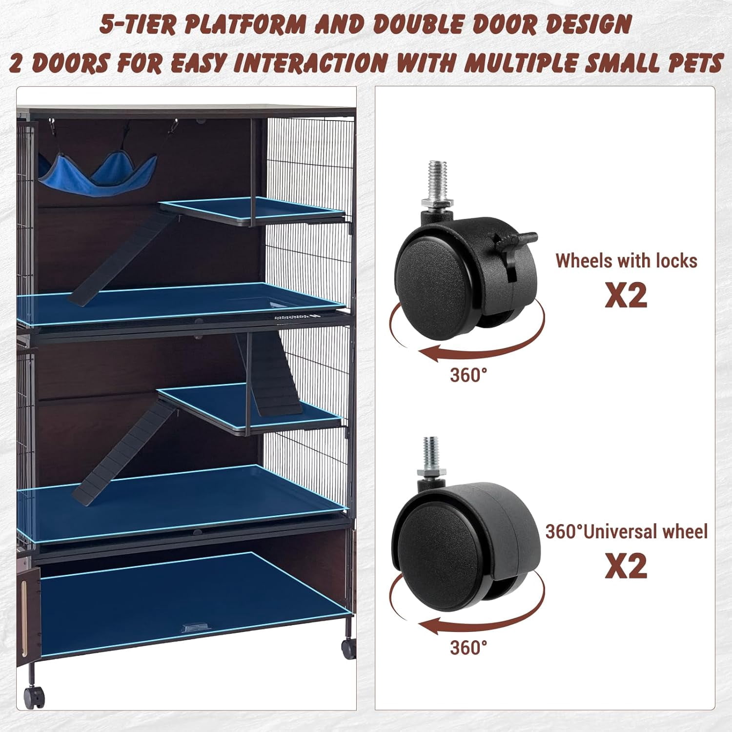 Metal Ferret Cage 36.5"x23"x60" 3-Level Rolling Chinchilla Cage, Small Animal Mansion with Hammock, Lockable Storage & Ramps, Multi-Species Habitat for Ferret, Chinchilla, Guinea Pig, Pet Rat