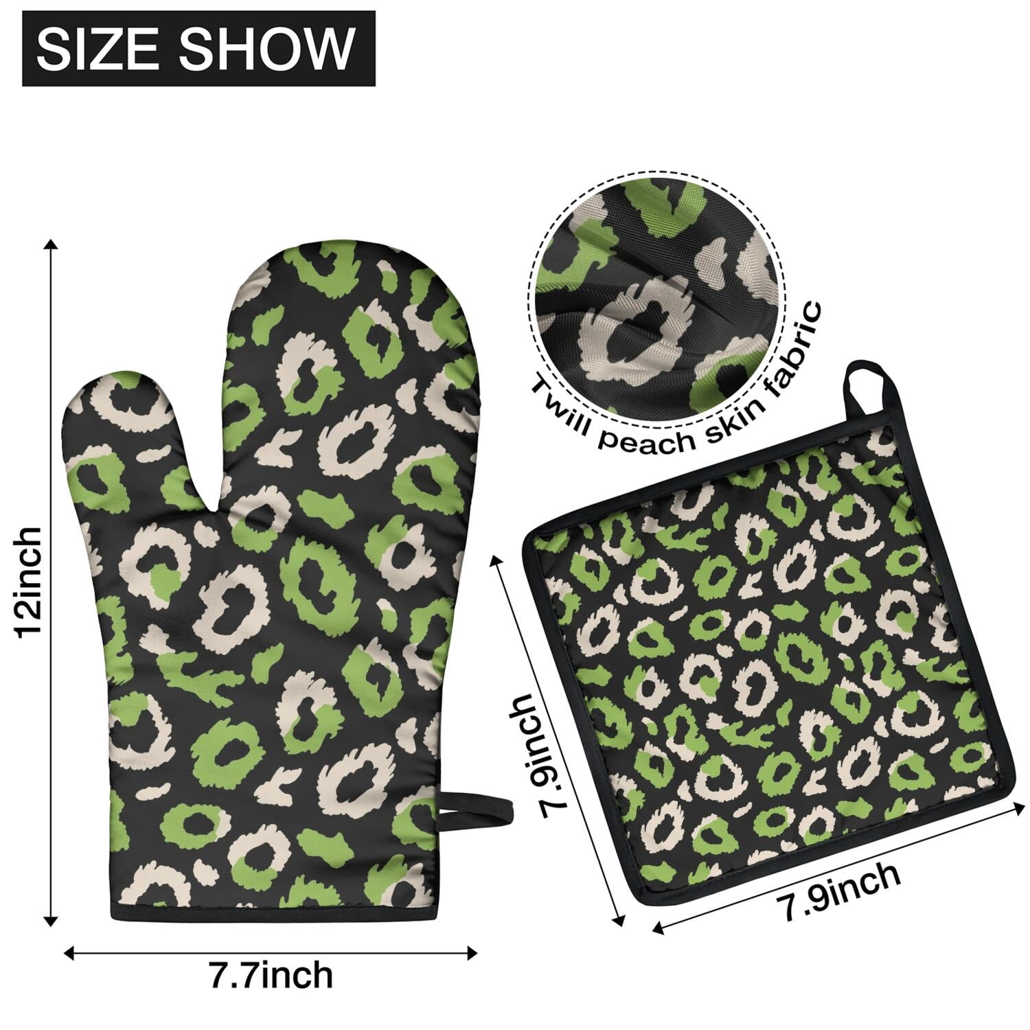Leopard Print Oven Mitts and Pot Holders Set Of 4, Heat Resistant Kitchen Gloves with Non-Slip Grip, Hanging Loop, Soft Cotton Lining for Baking, Cooking, Grilling, Barbecue