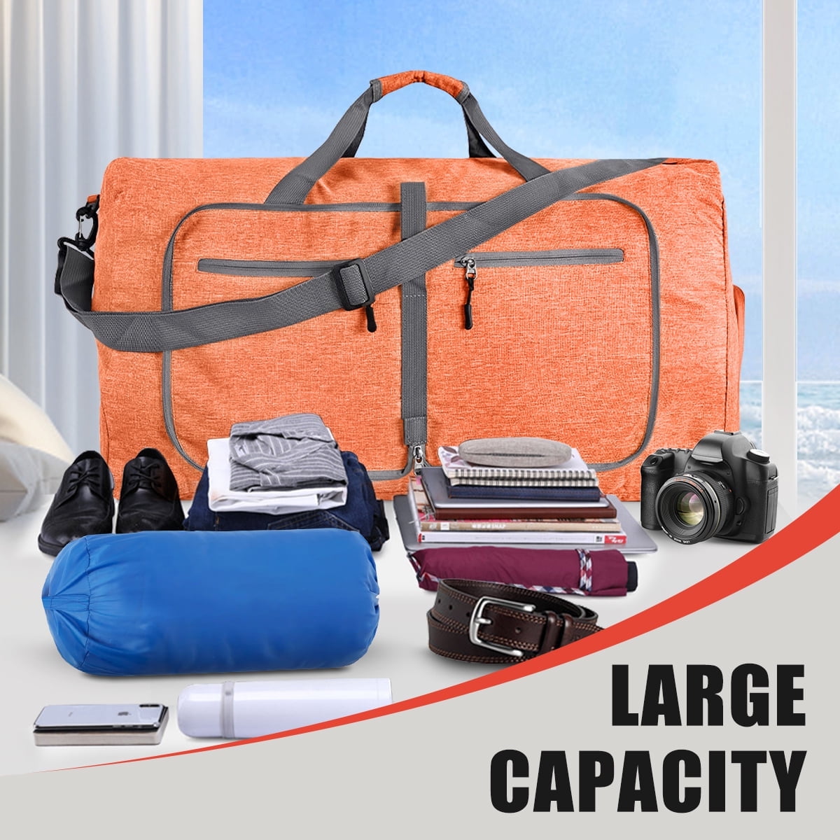 DAKOMM Travel Duffle Bag, 65L Foldable Weekender Bags for Women with Shoe Compartment, Carry on Overnight Bag for Men Women, 24" Gym Travel Bag Water Repellent & Tear Resistant, Orange